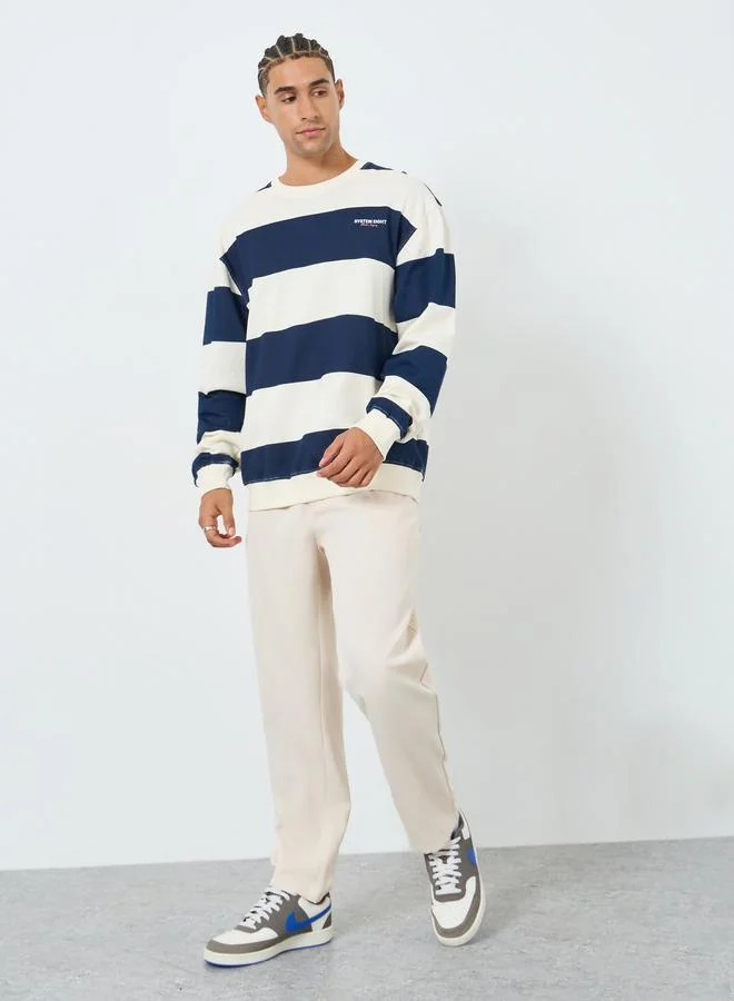 Styli Men Navy Blue Striped Fleece Sweatshirt